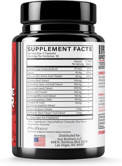 Iron Brothers Supplements Testosterone Booster for Men, 90 Capsules | Enhance Muscle Growth, Estrogen Blocker, Promotes