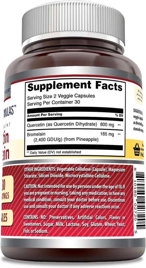 Amazing Nutrition Quercetin 800 Mg with Bromelain 165 Mg Veggie Capsules | Non-GMO, Gluten Free, Made in USA (60)