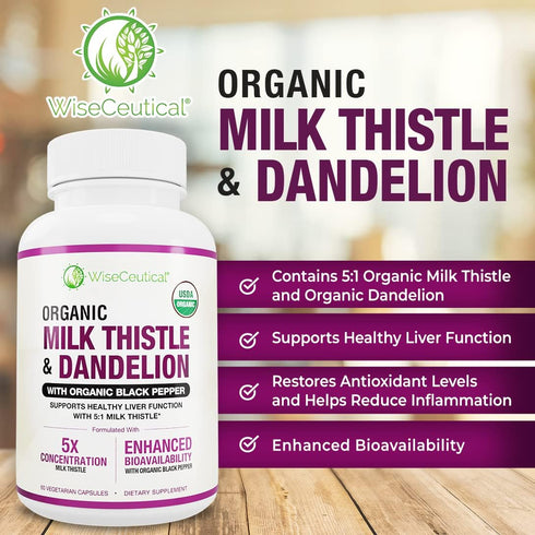 Max Absorption USDA Organic Milk Thistle - Potent 5:1 Concentrated Extract (2000mg Strength) & Organic Dandelion Root,