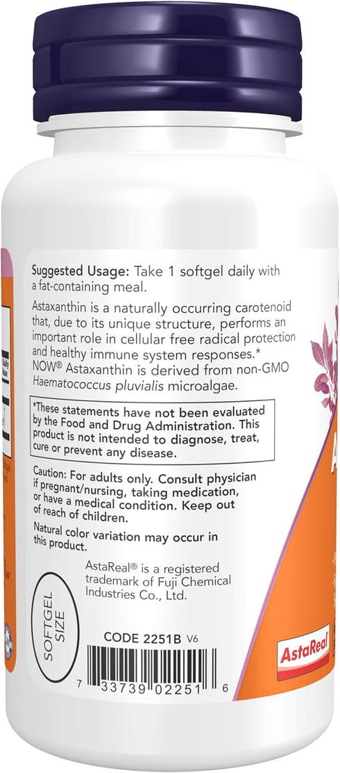 NOW Supplements, Astaxanthin 10mg, Extra Strength from Non-GMO Haematococcus Pluvialis Microalgae with Lutein,