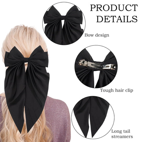MHDGG 5Pcs Black Satin Oversized Bowknot Hair Accessories - Large Hair Ribbons and Long Tail Hair Bows