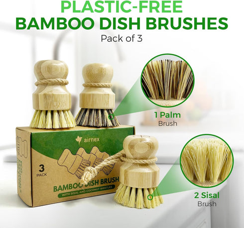 Set 3 AIRNEX Bamboo Dish Brush of - Natural Wooden Dish Scrubber w/Medium Stiff Sisal & Coconut Bristles - Kitchen