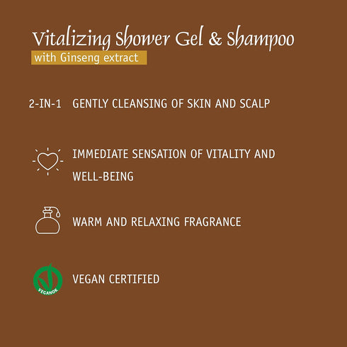 Prija Vitalizing Shower Gel & Shampoo with Ginseng (12.84 fl oz) - Toning and Revitalizing - Vegan Friendly