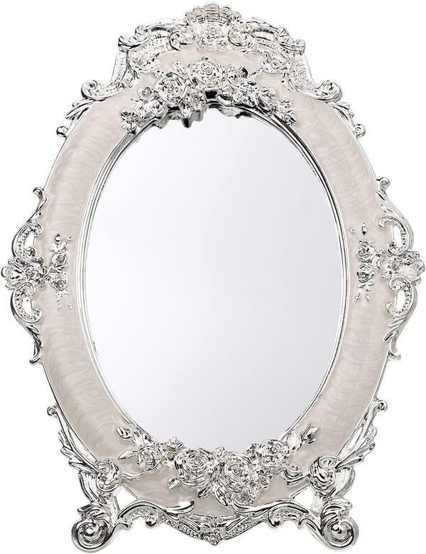 JUXYES Vintage Metal Tabletop Dressing Mirror, Antique Embossed Roses Countertop Makeup Mirror for Table Centerpieces