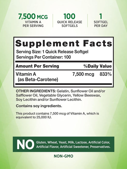 Beta Carotene 25000 IU Softgels | 100 Count | Vitamin A Supplement | Non-GMO and Gluten Free Supplement | by Nature's Truth