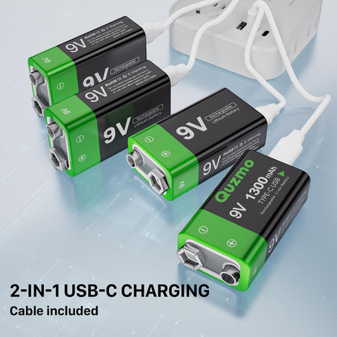 2-Pack Rechargeable 9 Volt Lithium-ion Batteries 1300mAh Long Lasting Power, USB-C Recharge with 2 in 1 Charging Cable