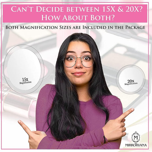 MIRRORVANA 20X & 15X Magnifying Mirror Set - Compact & Travel Ready Makeup Mirror with 3 Suction Cups, Sizes: 6" and 4".