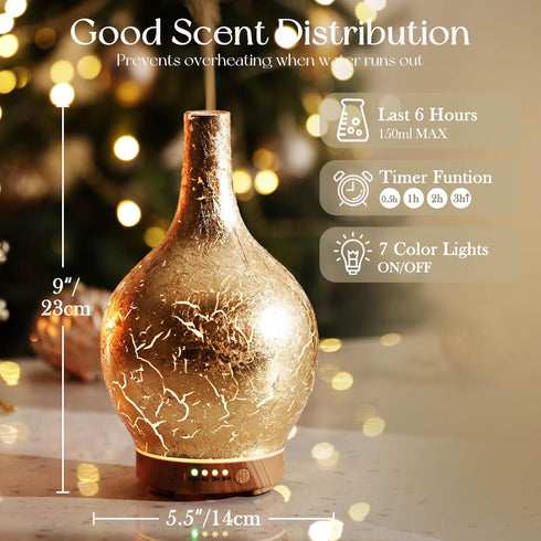 Setting, 150ml Porseme Gold Plated Essential Oil Diffuser Glass Aromatherapy Ultrasonic Humidifier, Auto Shut-Off,Timer
