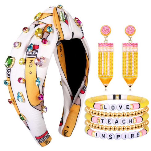 Teacher Accessories for Women, Headbands, Pencil Headbands, Hair Claw Clips, Earrings, Heishi Bracelets for Back to