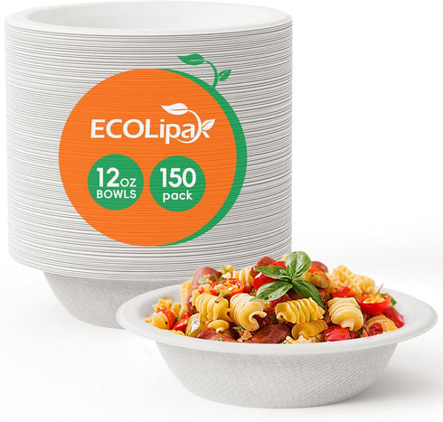 ECOLipak 150 Pack 12 oz Paper Bowls, Heavy Duty Compostable Bowls for Soup, Salad, Milk Cereals