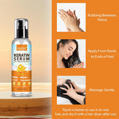 Keratin Protein Hair Serum for Frizzy Hair, Nourishing & Repairing Treatment with Castor Oil for Shine