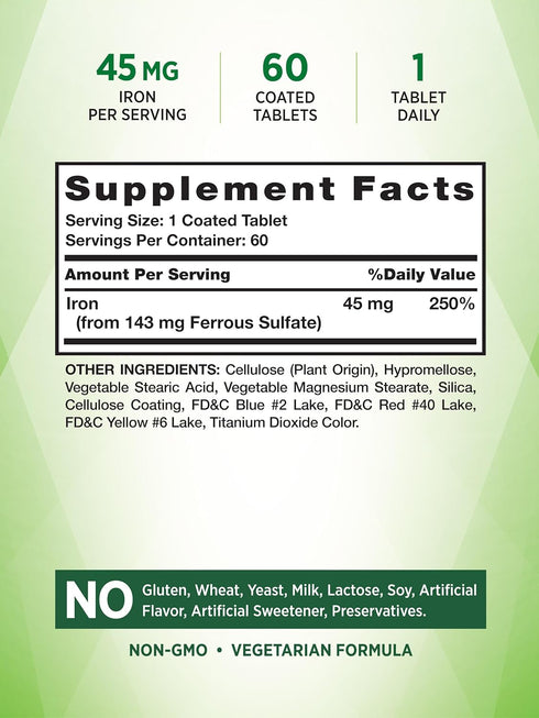 Iron Supplement | 45 mg | 60 Count | Ferrous Sulfate | Non-GMO & Gluten Free Vitamin for Men and Women | by Nature's Truth