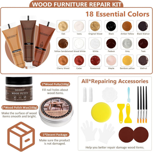 Wood Furniture Repair Kit, 34 Pcs Wood Filler Putty for Scratch Repair, Vinyl Floor Repair Kit for Holes
