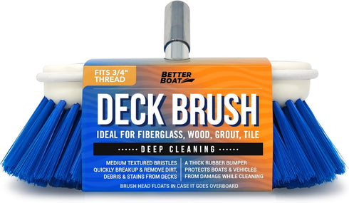 Medium Boat Deck Brush, Heavy Duty Marine Deck Brush, 8" Bristle Cleaning Head with Bumper, 3/4" Thread for Handle