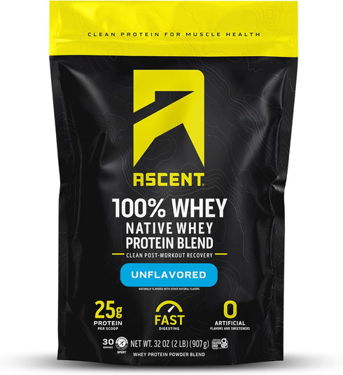 Ascent 100% Whey Protein Powder, Unflavored, 2 lb, Post Workout Whey Protein Isolate, Gluten Free