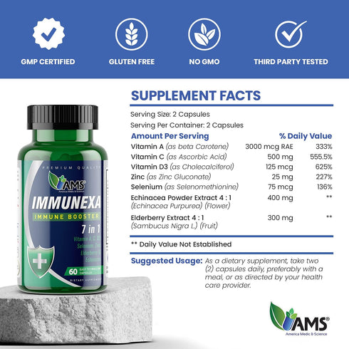 America Medic & Science Immunexa | 7 in 1 Immune Support Booster (60 Capsules) | Vitamin A, C, D, Zinc, Echinacea,