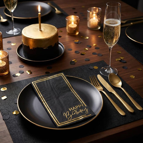 Horaldaily Birthday Disposable Paper Decorative Guest Napkins, Happy Birthday Gold Foil Black Elegent Celebration Hand
