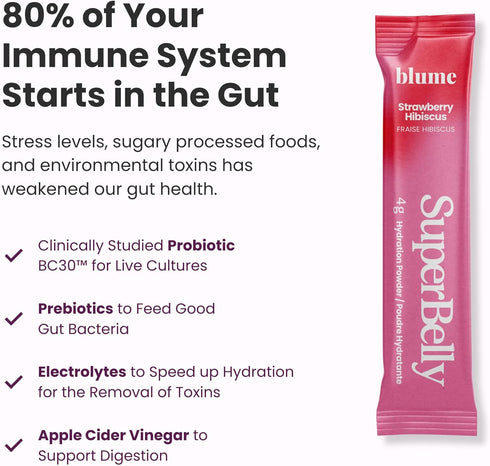 Blume New SuperBelly Gut Health Packets - On-The-Go Hydration, Sugar-Free, with Prebiotics, Probiotics, Apple Cider