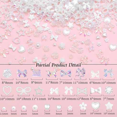 RODAKY 1000PCS White Nail Charms, 3D Bows Heart Butterfly Charms for Nail Art Decoration, DIY Accessories