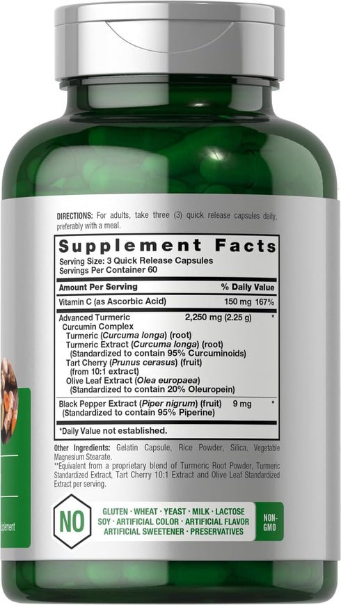 Horbaeach Turmeric Supplement with Black Pepper 2250mg | 180 Capsules | with Bioperine & Tart Cherry | Non-GMO, Gluten Free Supplement