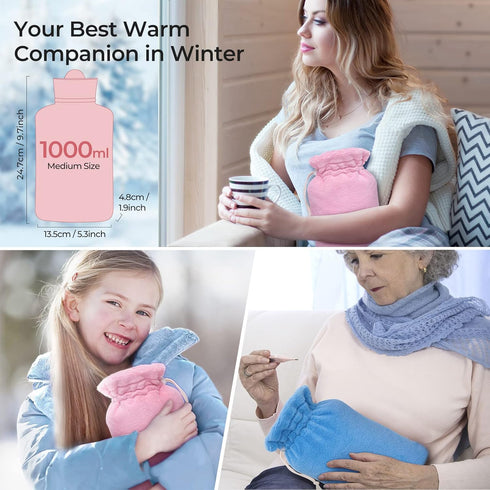 Microwaveable Silicone Hot Water Bottle with Cover (1 Liter), MEETRUE BPA-Free Hot Water Bag for Pain Relief, Hot &