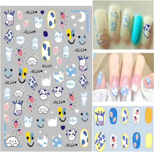 Cute Cow Nail Art Stickers, 3D Self-Adhesive Cartoon Cow Nail Decals for Women Girls Manicure Tips DIY Animal Art