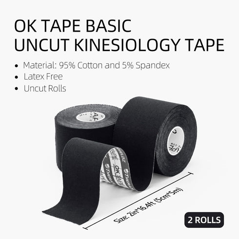 OK TAPE Basic Original Cotton Kinesiology Tape (2 Pack) - Elastic Water Resistant Therapeutic Athletic Tape, Black