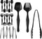 18 Pcs Black Plastic Serving Utensils - 6 Spoons, 6 Tongs, 6 Forks - Heavy Duty Disposable Set