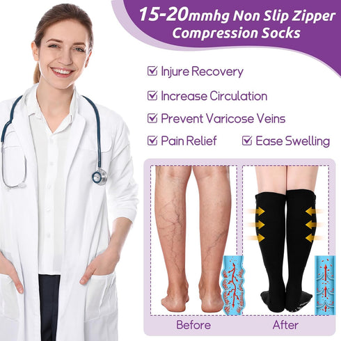 Shyyween 3 15-20mmhg Pairs Zipper Compression Socks Non Slip Grip for Men Women Knee High Socks for Nurse Pregnant