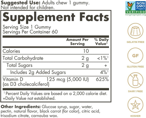 Solgar Vitamin D3 Gummies for Adults 5,000IU Ultra Potency Vitamin Immune System Support for Women & Men - Tasty Strawberry Flavor, Gluten & Gelatin Free Gummy, 2 Month Supply, 60 Servings, 2g Sugar