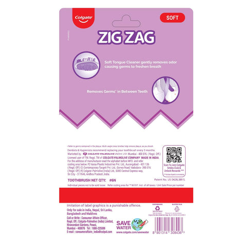Pack 6) Colgate ZigZag Toothbrush for Deep Inter dental Clean with multi angle zig zag bristles (Medium