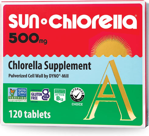 Sun Chlorella 500mg Whole Body Wellness Green Algae Superfood Supplement - 120 Tablets for Immune Defense and Gut Health