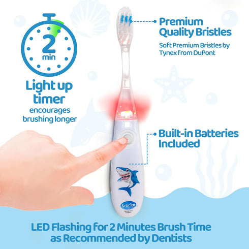 Lily's Home Kids Flashing Timer Toothbrush | Soft Bristles, Light-Up Brushing for Children - Shark Design