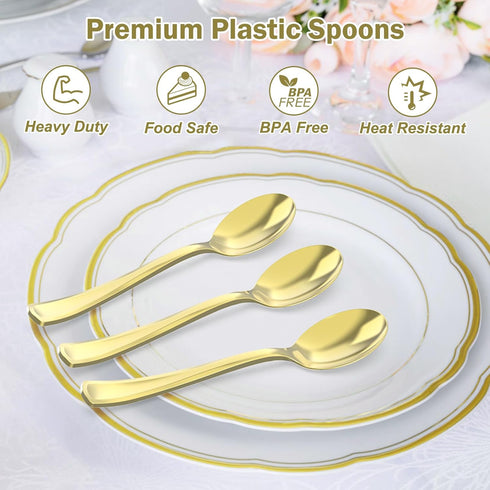 100 Count Heavy Duty Gold Plastic Spoons, BPA-Free, Heat Resistant, Premium Disposable Spoons for Party Supply