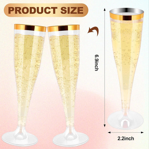 RAIHOMKIT 50 Pack 4.5 Oz Plastic Champagne Flutes Disposable, Gold Rim Champagne Glasses, Clear Disposable Champagnes