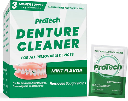 Protech Denture Cleaner 7g (3-Month Supply) - Denture Cleanser Foils for Retainers, Nightguards, Mouthguards, and