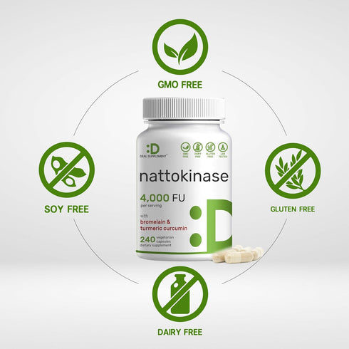 Nattokinase 4,000 FU Per Serving - 240 Veggie Capsules with Bromelain, Turmeric Curcumin & Black Pepper Complex