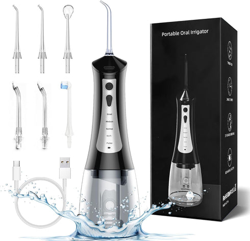Cordless Water Flosser for Teeth Cleaning, 300ML Portable Electric with 5 Modes & 6 Jet Tips, IPX7 Waterproof for