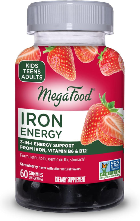 MegaFood Iron Energy Gummies, Vegan & Gluten-Free Iron Supplement with Vitamin B12 & B6, 60 Gummies
