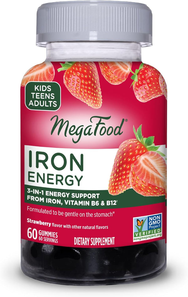MegaFood Iron Energy Gummies, Vegan & Gluten-Free Iron Supplement with Vitamin B12 & B6, 60 Gummies