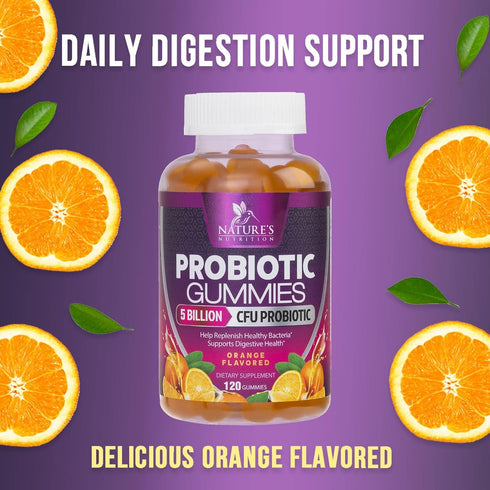 Probiotic Gummies for Digestive Health, 120 Gummies, 5 Billion CFUs, Orange Flavor for Immune Support