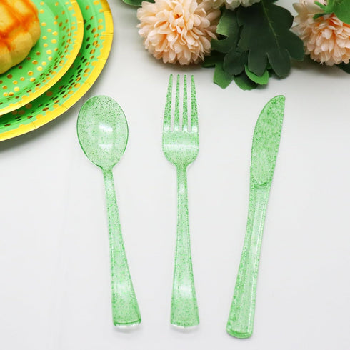 150 Pack Green Plastic Silverware, Green Glitter Utensils - 50 Forks, 50 Knives, 50 Spoons for St Patricks Day,
