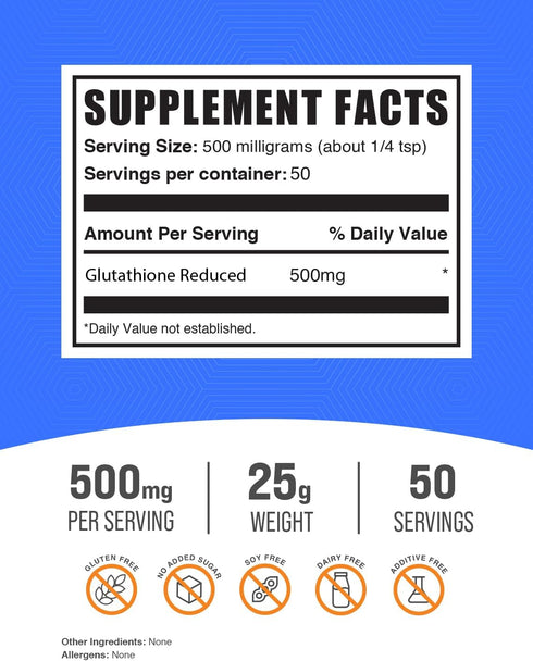BulkSupplements.com Glutathione Reduced Powder - Glutathione Supplement, Reduced Glutathione Powder - Glutathione 500mg, Gluten Free, 500mg per Serving, 25g (0.88 oz) (Pack of 1)