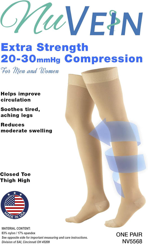 NuVein Medical Compression Stockings, 20-30 mmHg Support, Thigh Length Hose, Closed Toe, Black, Medium