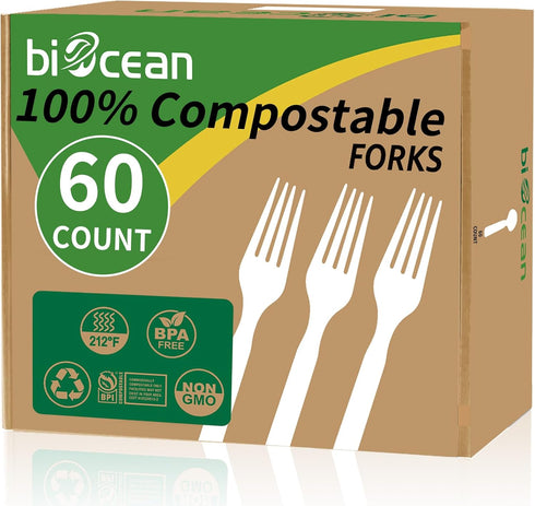 100% Compostable Forks, 60 Count Heavy Duty Disposable Utensils Set for Party Camping Picnics (Ivory White)