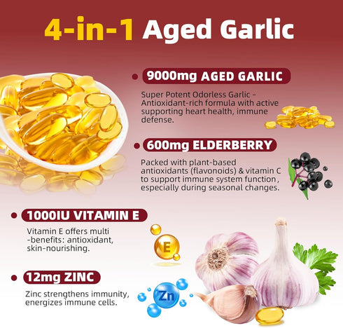 Skiseoy 9000mg 2 Immune 300 Aged Garlic Extract Odorless Years Organic Aged Garlic Supplements with Elderberry, Vitamin