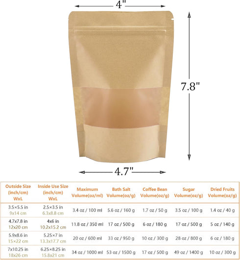 Kingrol 150 Count Kraft Paper Bags - 4.7 x 7.8 Inch with Resealable Lock Seal Zipper & Transparent Window