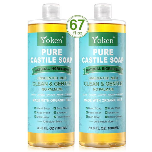 Yoken Pure Castile Soap Liquid, Unscented, 67 fl oz, Organic Oil, Vegan, Natural Multi-purpose Soap