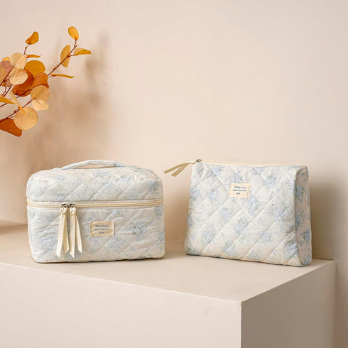 2 Pcs Large Quilted Makeup Bag - Cotton Quilted Toiletry Bag for Women, Cute Kawaii Travel Cosmetic Bags (03 Lightblue