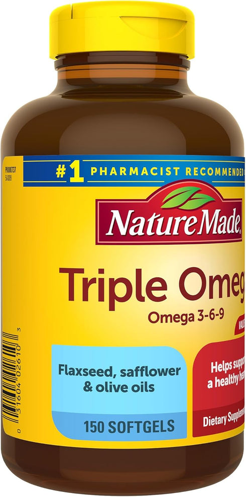 Nature Made Triple Omega 3 6 9, Flaxseed, Safflower, & Olive Oils, 150 Softgels, Fish Free Omega 3 Supplement